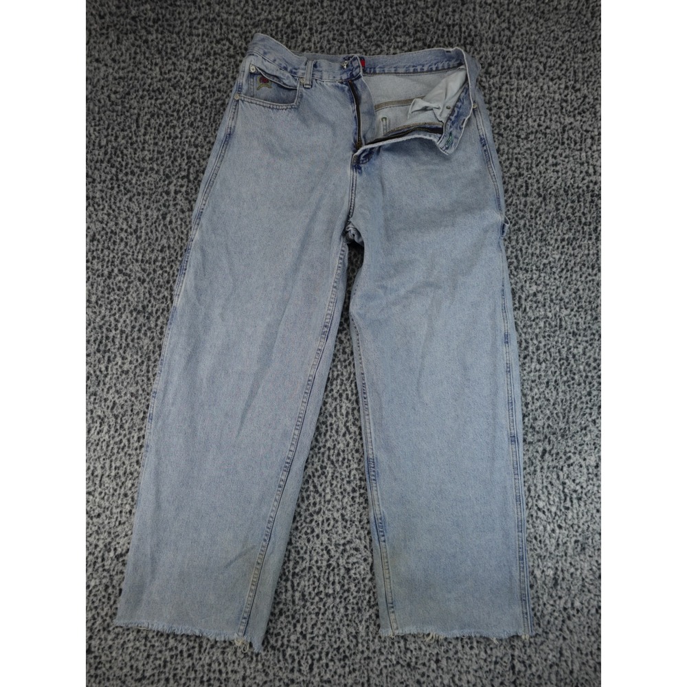 Tommy Hilfiger Carpenter Jeans Mens 33 Light Blue Relaxed Wide Leg Raw Hem 90s